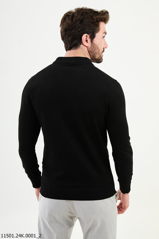 Black Knitted Wool Polo Sweater