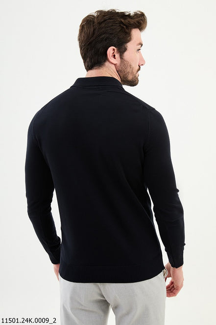 Ames Knitted Wool Polo Sweater - Navy Blue