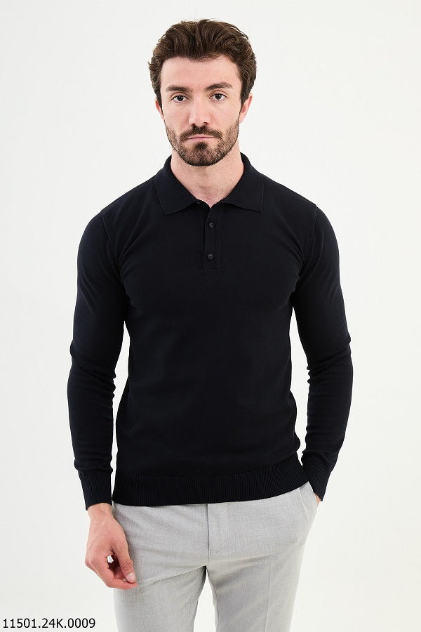 Ames Knitted Wool Polo Sweater - Navy Blue