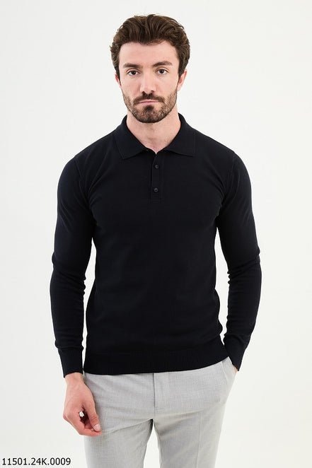 Ames Knitted Wool Polo Sweater - Navy Blue