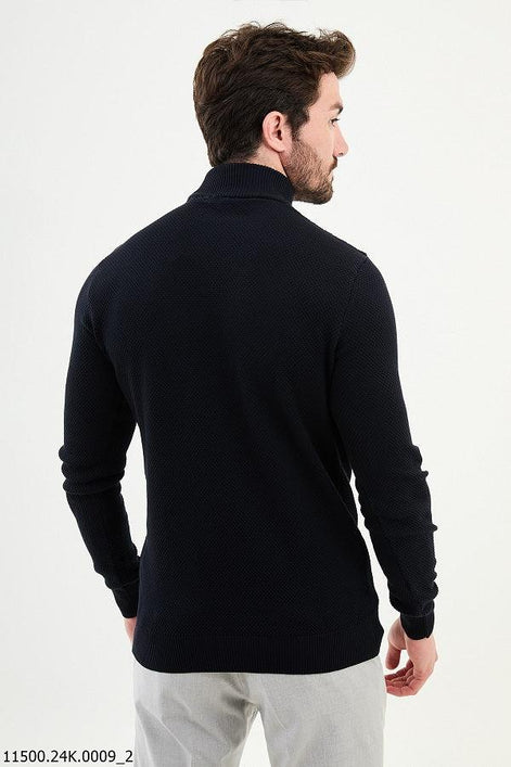 Ames Mock Turtleneck Wool Sweater - Navy Blue