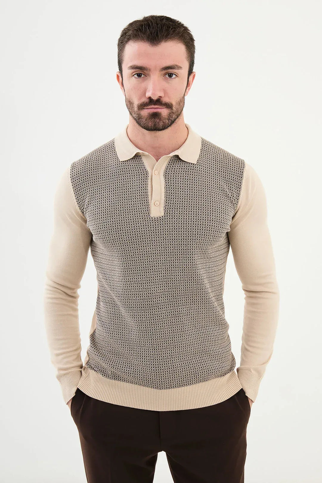 Ames Patterned Wool Polo Sweater - Beige