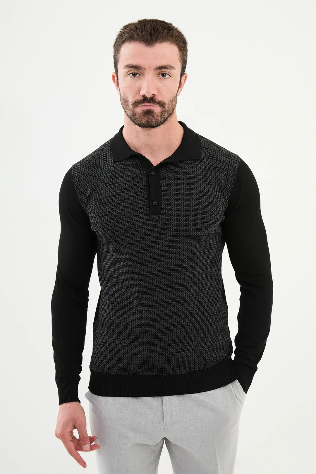 Ames Patterned Wool Polo Sweater - Black