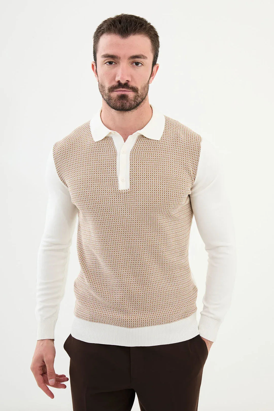 Ames Patterned Wool Polo Sweater - White