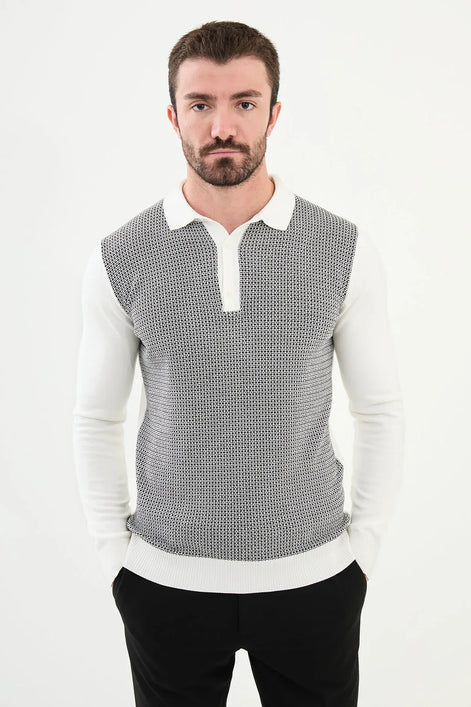 Ames Patterned Wool Polo Sweater - White Black