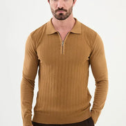 Ames Ribbed Quarter Zip Wool Polo Sweater - Camel