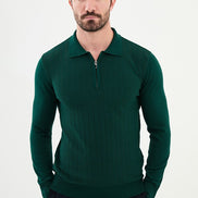 Ames Ribbed Quarter Zip Wool Polo Sweater - Green