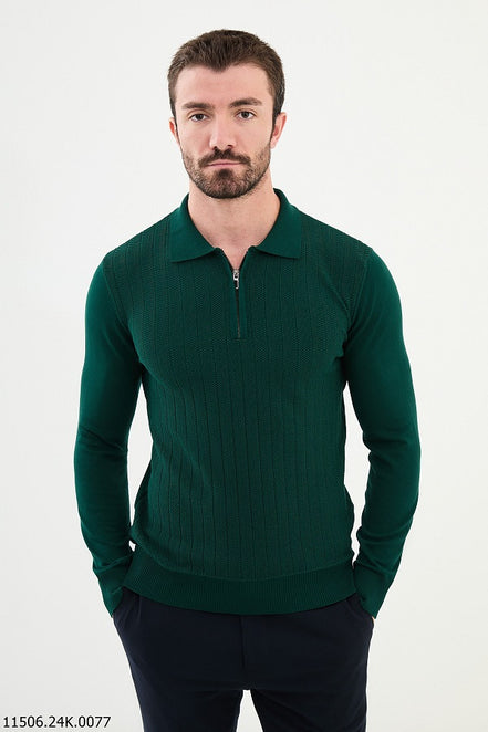 Ames Ribbed Quarter Zip Wool Polo Sweater - Green