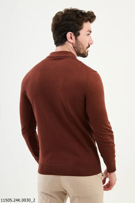 Ames Ribbed Wool Polo Sweater - Rust Brown
