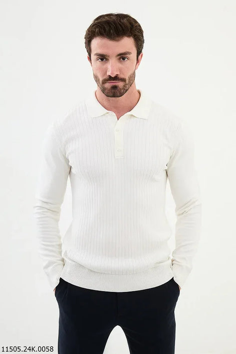Ames Ribbed Wool Polo Sweater - White