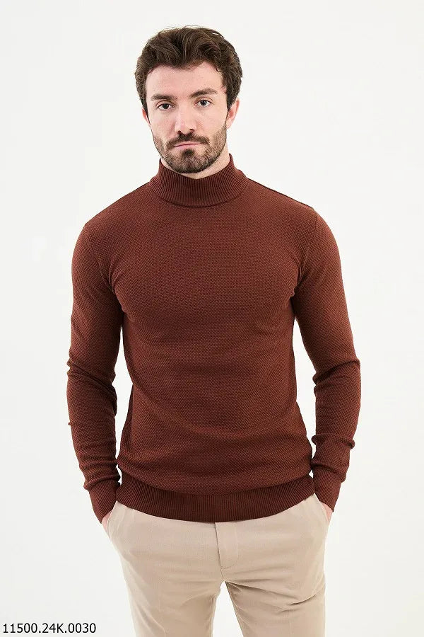 Ames Mock Turtleneck Wool Sweater - Rust Brown