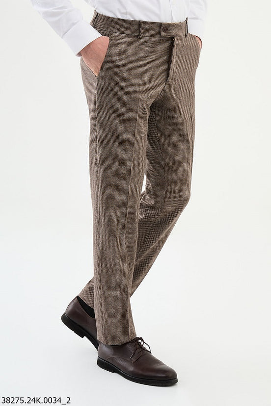 Beige Slim Fit Wool Checkered Pants