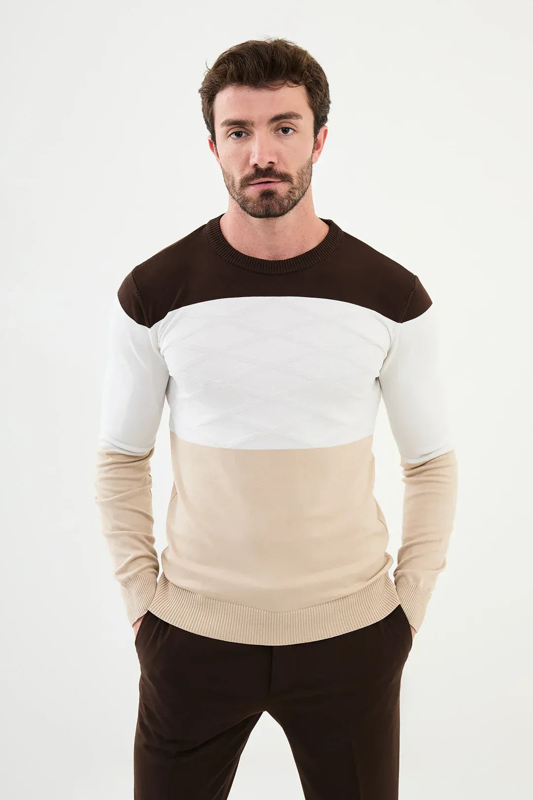 Ames Tri Color Crew Neck Wool Sweater - Beige