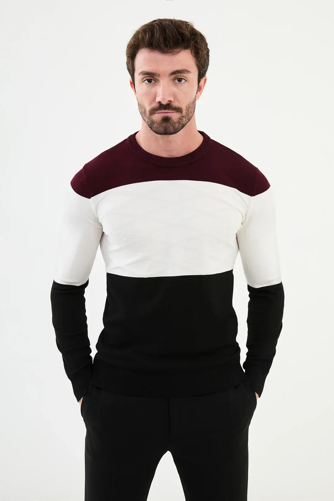 Ames Tri Color Crew Neck Wool Sweater - Black