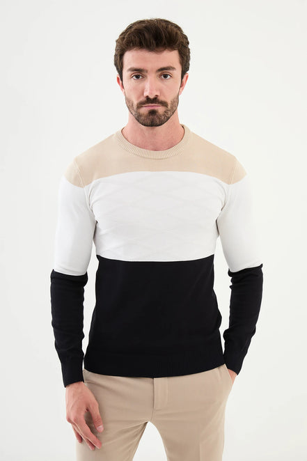 Ames Tri Color Crew Neck Wool Sweater - Navy Blue