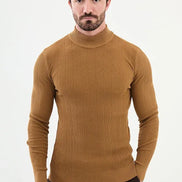 Ames Wide Ribbed Camel Mock Turtleneck Wool Sweater