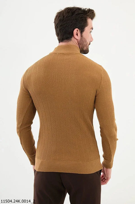Ames Wide Ribbed Camel Mock Turtleneck Wool Sweater