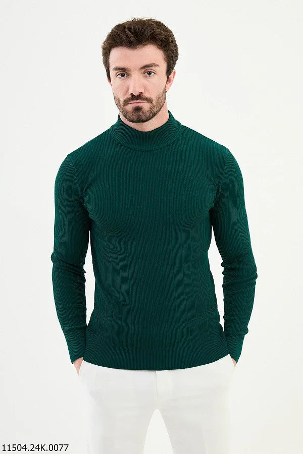 Ames Wide Ribbed Mock Turtleneck Wool Sweater - Green