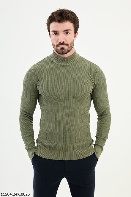 Ames Wide Ribbed Khaki Mock Turtleneck Wool Sweater
