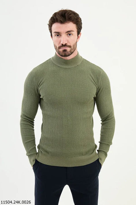 Ames Wide Ribbed Khaki Mock Turtleneck Wool Sweater