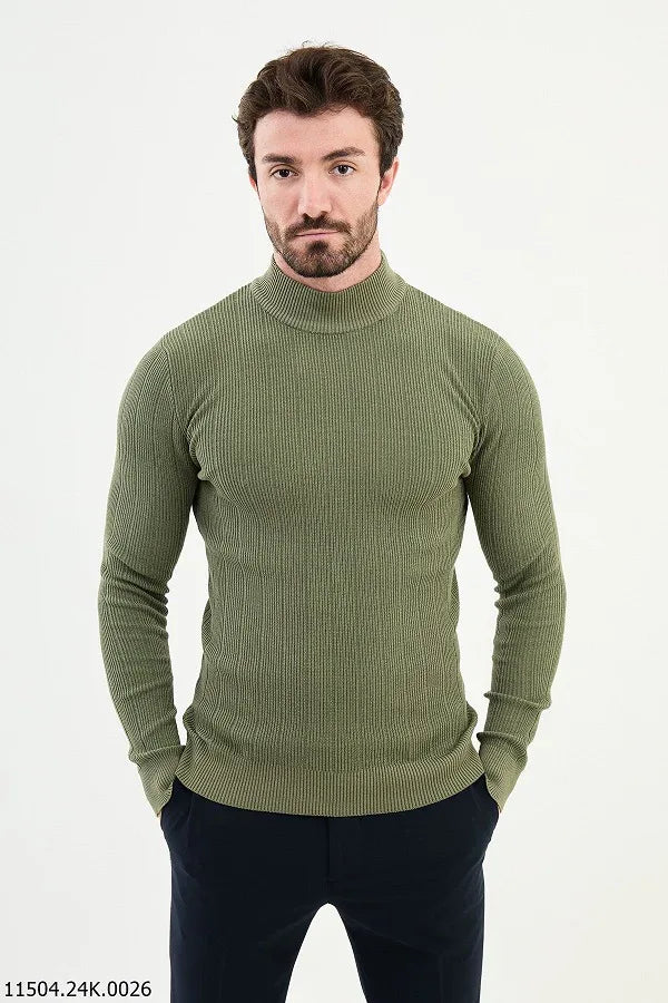 Ames Wide Ribbed Khaki Mock Turtleneck Wool Sweater