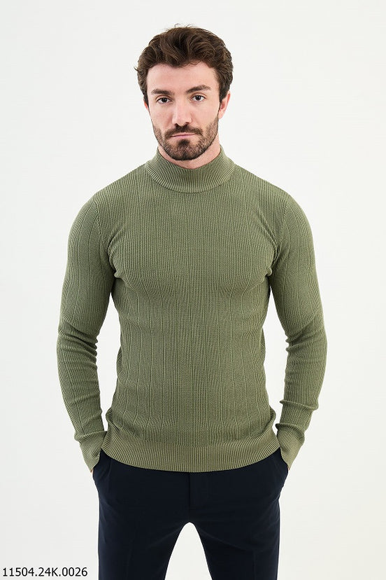 Khaki Mock Turtleneck Wool Sweater