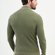 Ames Wide Ribbed Khaki Mock Turtleneck Wool Sweater