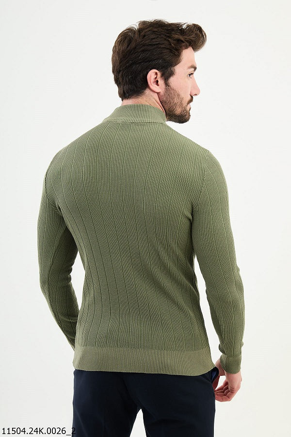 Ames Wide Ribbed Khaki Mock Turtleneck Wool Sweater