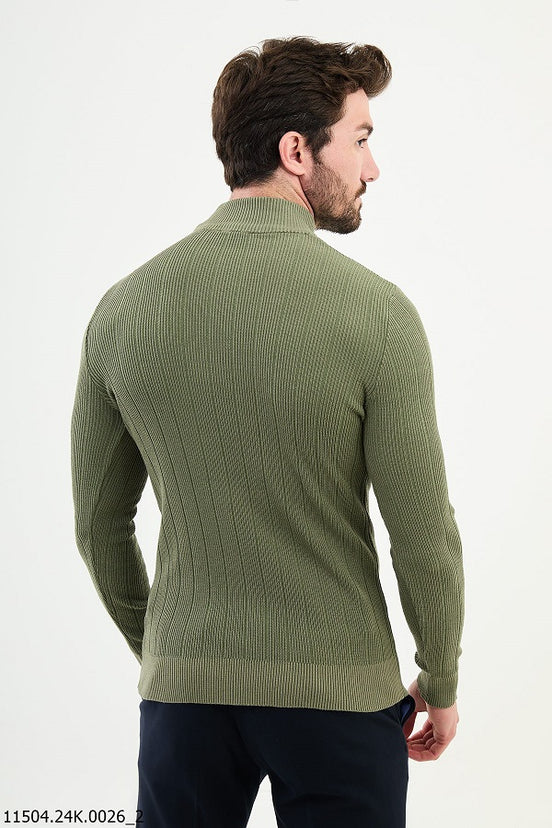 Khaki Mock Turtleneck Wool Sweater