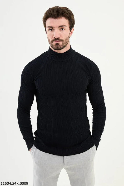 Ames Wide Ribbed Navy Blue Mock Turtleneck Sweater