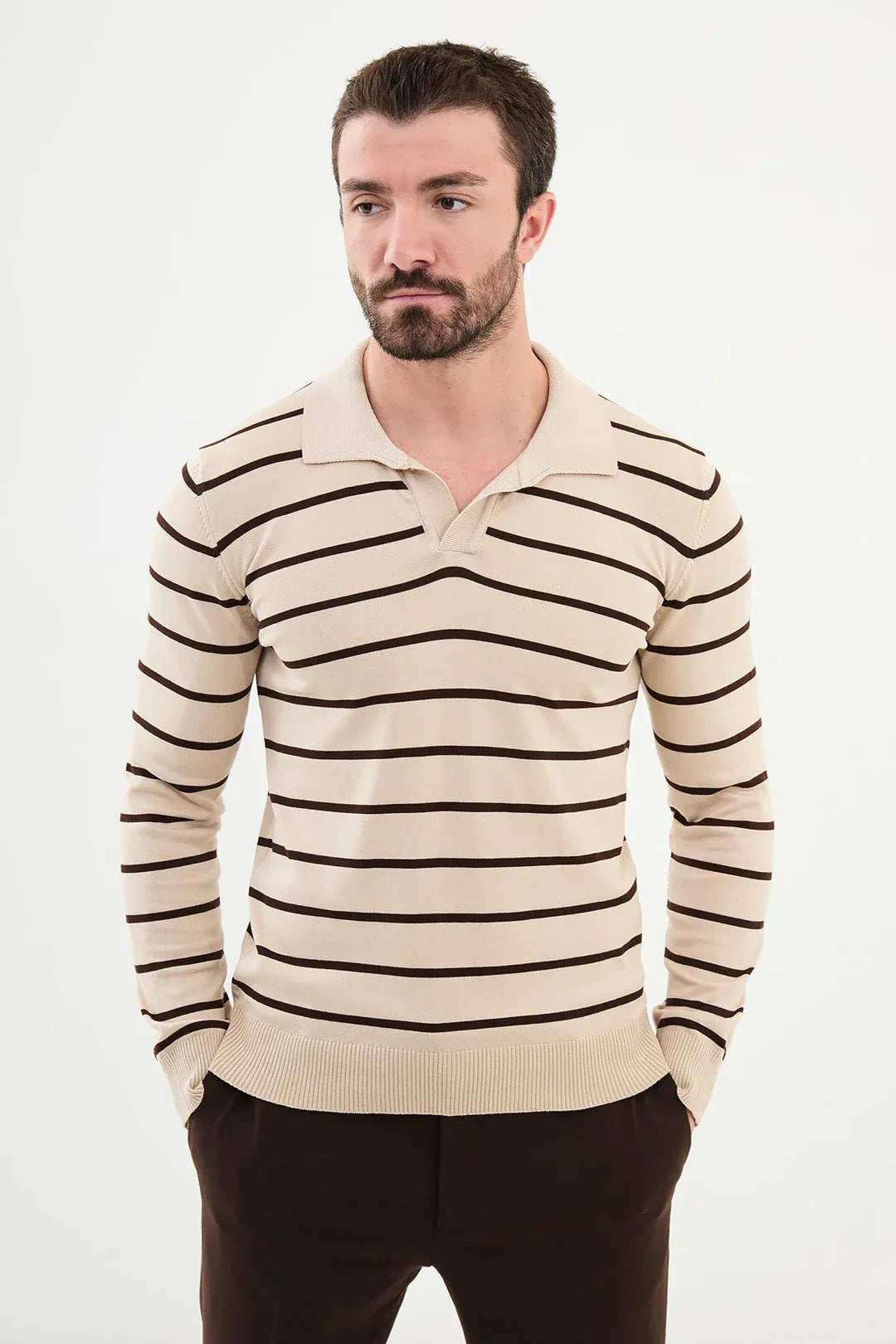 Ames Wool Buttonless Beige Polo Sweater