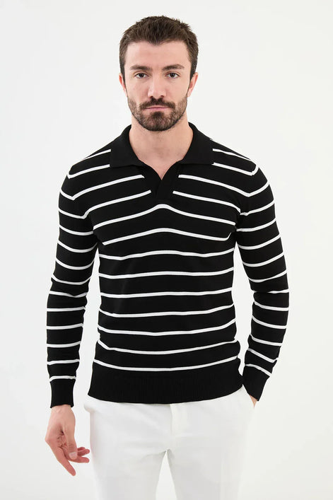 Ames Wool Buttonless Black Polo Sweater