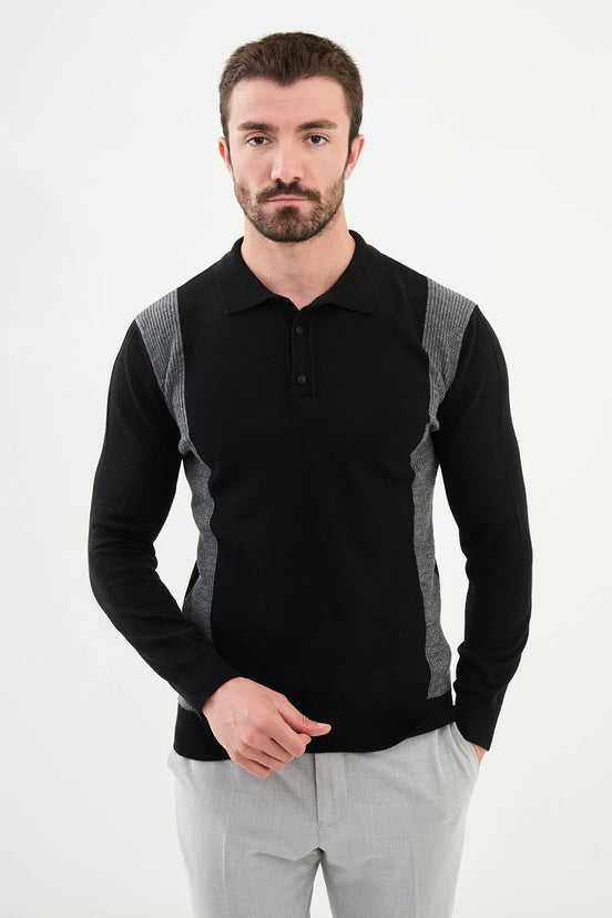 Striped Polo Sweater Black
