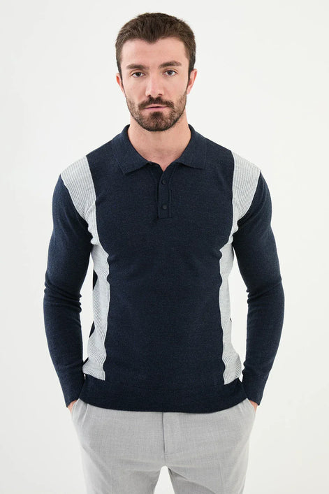 Ames Wool Side Stripe Polo Sweater - Navy Blue