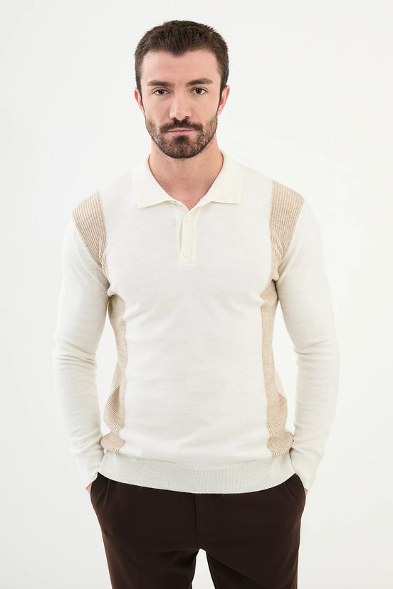 Striped Polo Sweater White