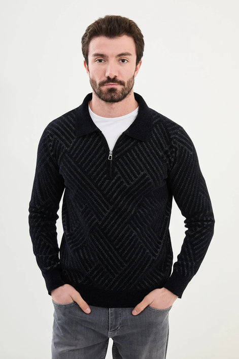 Ames Woven Cotton Zipper Black Polo Sweater