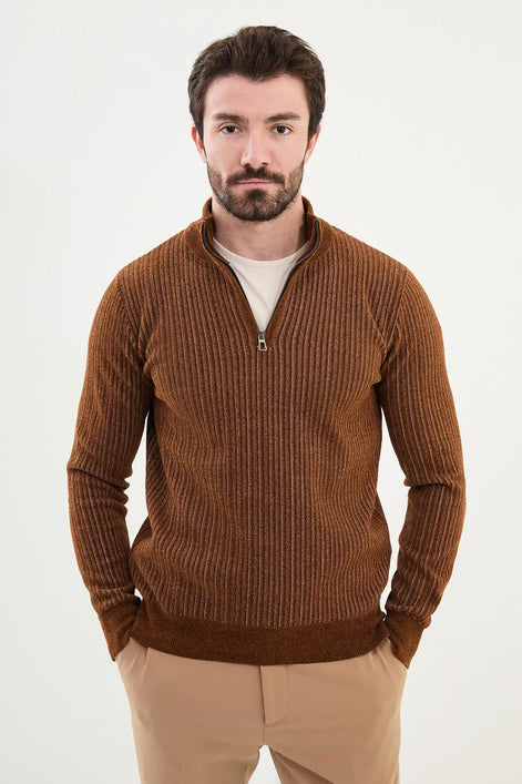 Ames Zip Neck Striped Cotton Sweater - Brown