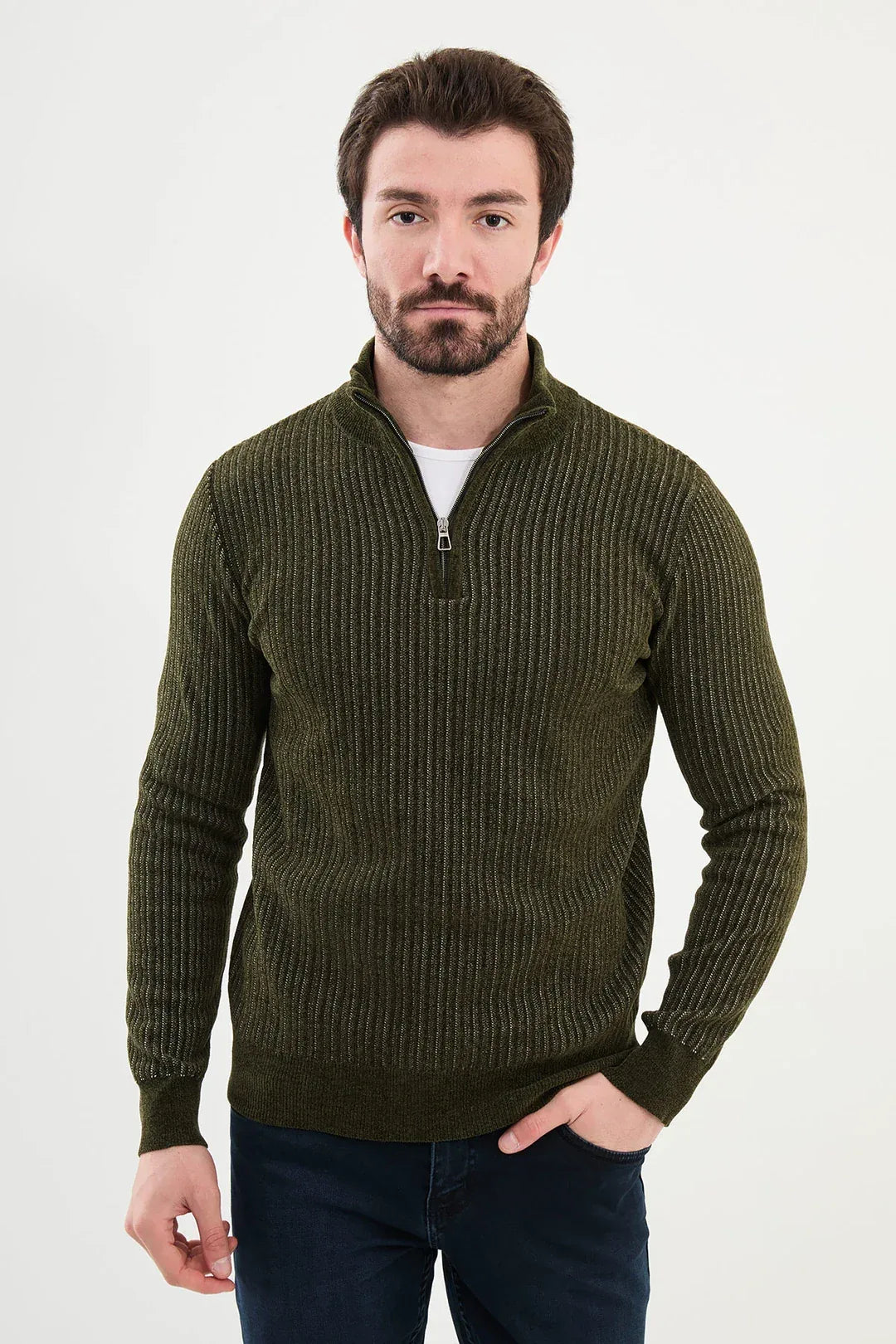 Ames Zip Neck Striped Cotton Sweater – Khaki