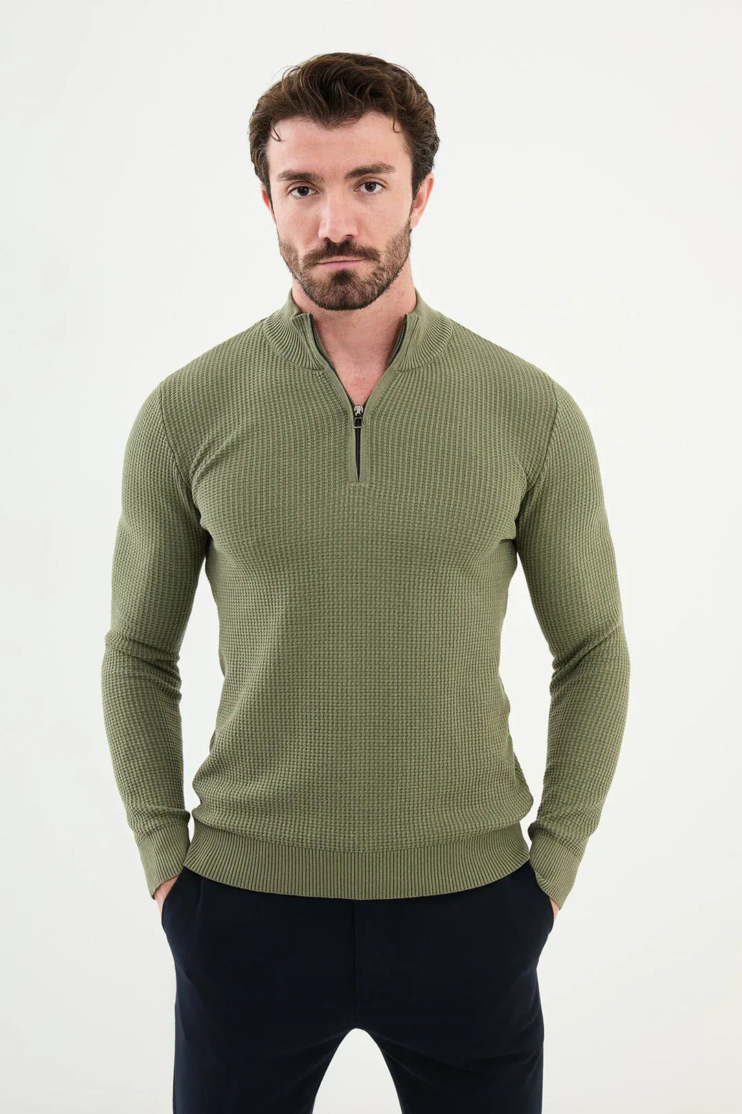 Ames Zip Neck Wool Sweater - Khaki