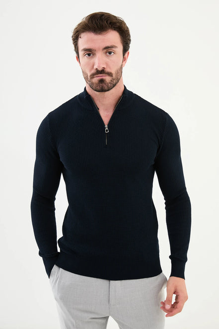 Ames Zip Neck Wool Sweater - Navy Blue