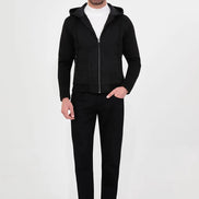 Suede Hooded Bomber Jacket with Knit Sleeves Black