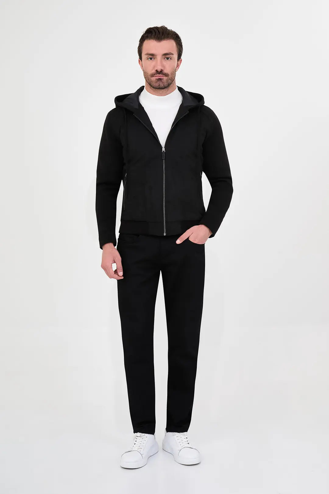 Suede Hooded Bomber Jacket with Knit Sleeves Black