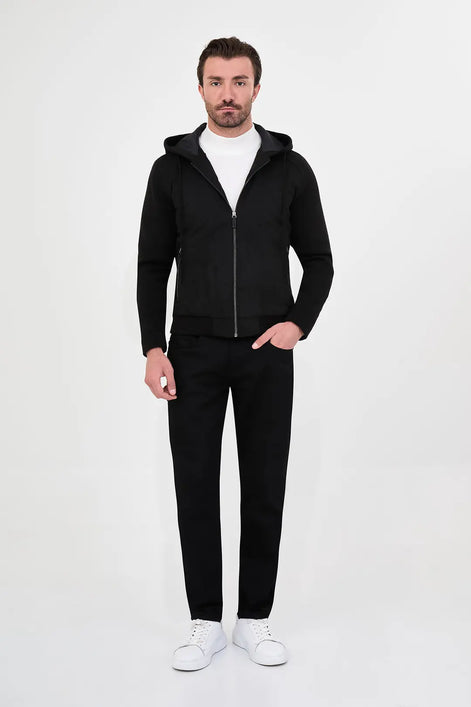 Suede Hooded Bomber Jacket with Knit Sleeves Black