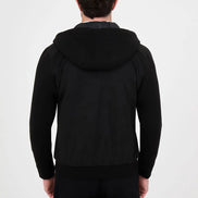 Suede Hooded Bomber Jacket with Knit Sleeves Black