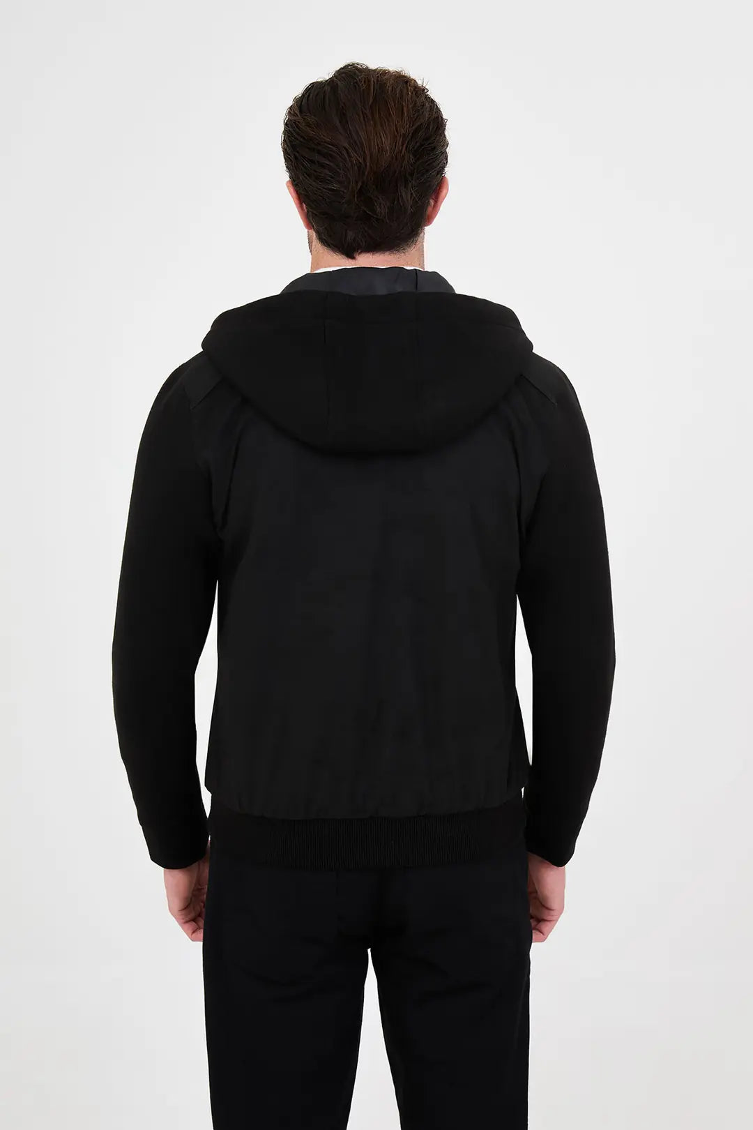 Suede Hooded Bomber Jacket with Knit Sleeves Black
