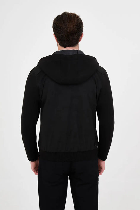 Suede Hooded Bomber Jacket with Knit Sleeves Black