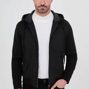 Suede Hooded Bomber Jacket with Knit Sleeves Black
