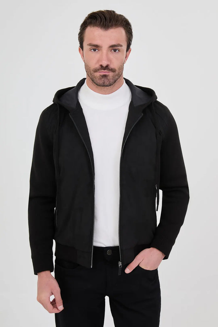 Suede Hooded Bomber Jacket with Knit Sleeves Black