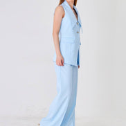 Baby Blue Longline Vest Wide Leg Pants Suit Set