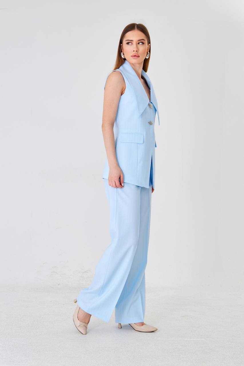 Baby Blue Longline Vest Wide Leg Pants Suit Set